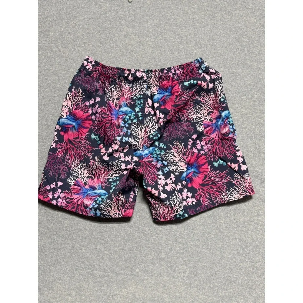 Psycho Tuna Mens Betta Fish Coral Print Swim Trunks Navy Pink Blue Size Small